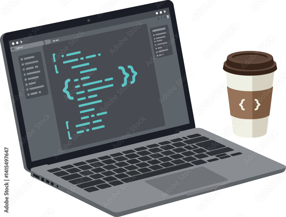 Poster laptop computer with code on screen and takeaway coffee cup flat design vector illustration