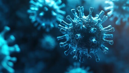 Microscopic view of virus cells floating in a blue toned environment.