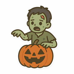 Fototapeta premium Cartoon Zombie Boy with Halloween Pumpkin 