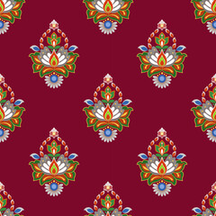 Damask floral seamless pattern. Ikat floral seamless pattern vector illustration, Red background,Aztec style,baroque pattern.design for texture,fabric,clothing,wrapping, wallpaper, carpet.