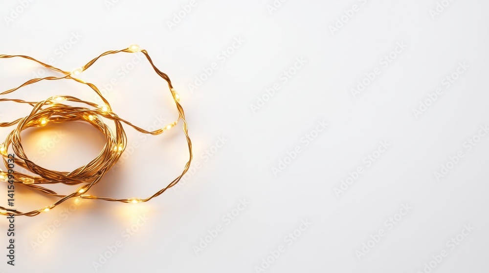 Poster warm golden string lights coiled on a white background, creating a festive and minimalist scene. ide