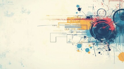 Abstract Technical Schematic with Geometric Shapes and Splattered Paint