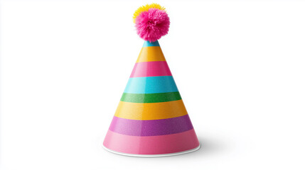 Playful Party Hat with Striped Cone Shape, Pom-Poms, and Glitter, Fun Celebration Theme, Isolated on White Background, Generated AI
