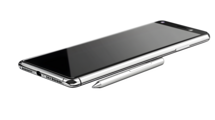 Transparent PNG of phone and stylus combo, editable zone visible --ar 16:9 --s 250