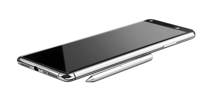 Transparent PNG of phone and stylus combo, editable zone visible --ar 16:9 --s 250