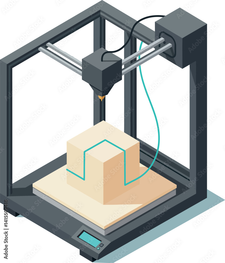 Poster 3d printer machine creating geometric object in modern detailed isometric style vector illustration