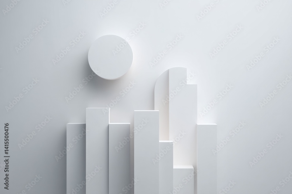 Poster capture array of random geometric forms against stark white backdrop