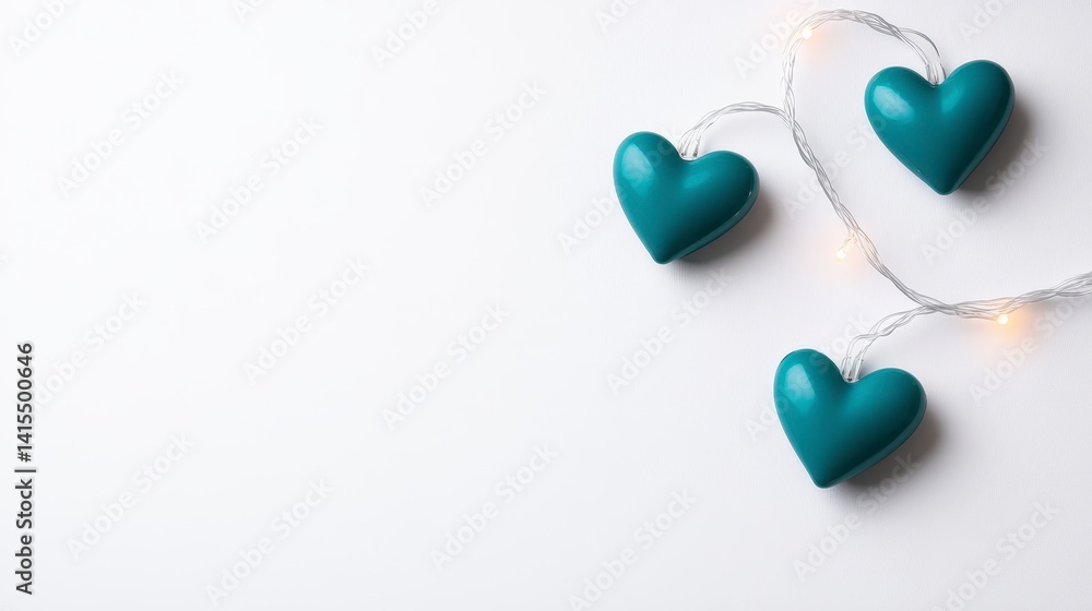 Poster three teal hearts arranged on a white background with warm string lights, creating a romantic and fe