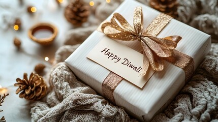 A minimalist white gift box with gold foil text wishing  Happy Diwali