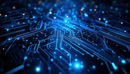 Abstract blue circuit board pattern with glowing lights suggests technology and connectivity.