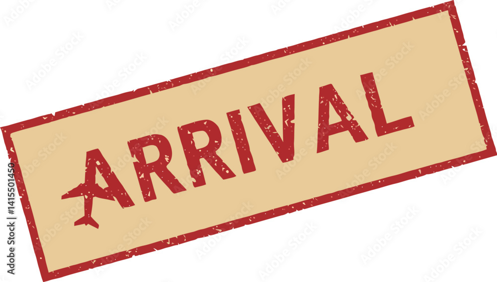 Poster arrival stamp design flat style with airplane icon and red border rectangular shape vector illustrat