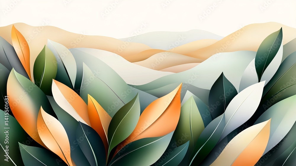 Poster stylized leaves compose the foreground with soft mountains in the background, creating a calming atm