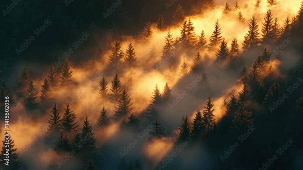 Poster a forest with trees covered in a thick layer of fog. the fog is so dense that it obscures the trees,