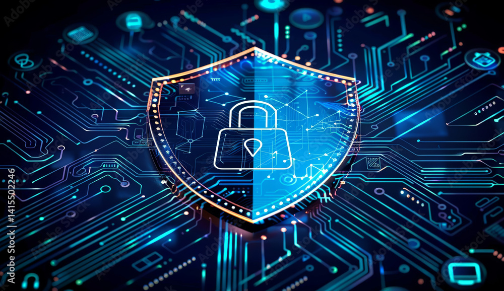 Poster futuristic cybersecurity shield with lock and digital circuit background