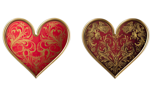 Two ornate hearts with intricate gold patterns, one red and one dark, on a white isolated background.