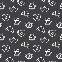 Seamless pattern with tea mug, croissant and teapot. Tea party. Outline icons. Texture pattern with tea icons. Wallpaper template. Editable white objects on dark background.