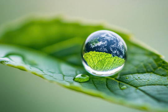 Glistening water droplet on a vibrant green leaf.
