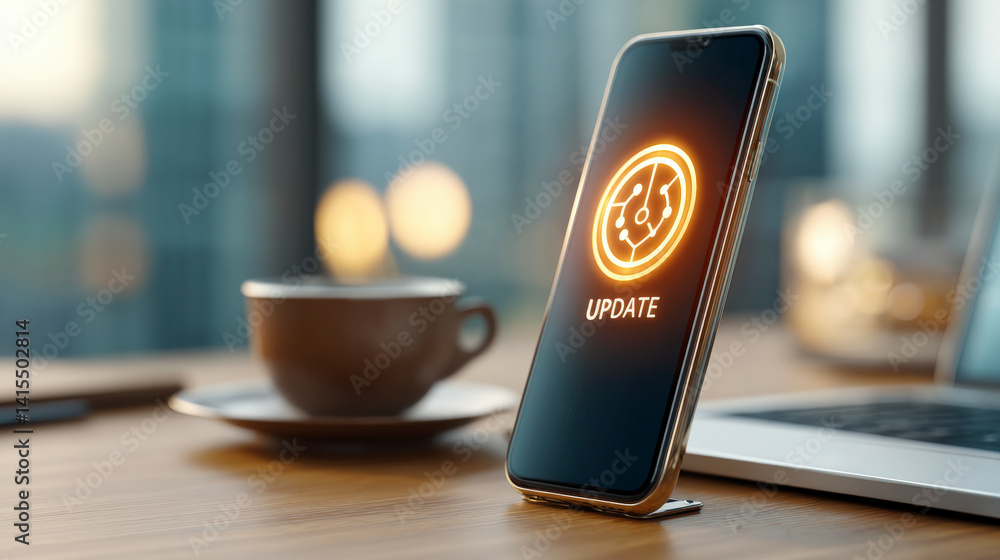 Aufkleber smartphone displaying an update icon on its screen, placed on a desk next to a coffee cup and a lapt