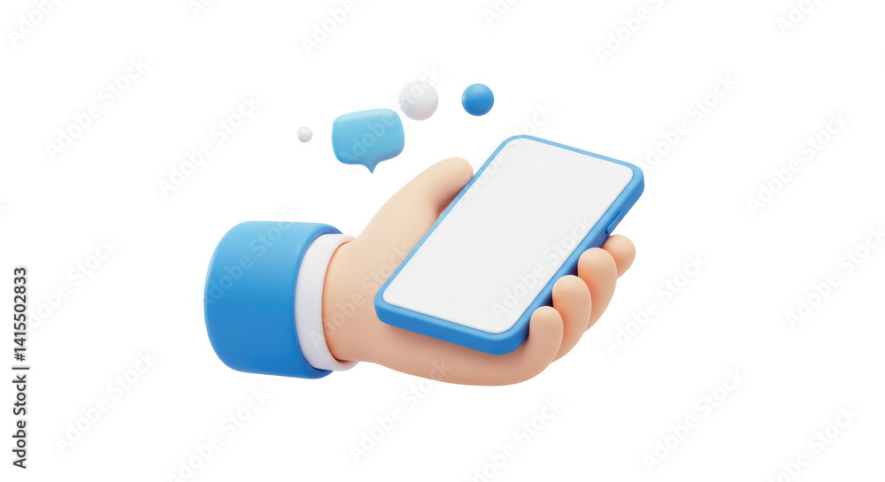 Aufkleber hand holding a phone with message bubbles floating in the air on a black background render style