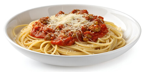 Spaghetti with Meat Sauce and Parmesan in White Bowl &ndash; Italian Pasta Dish Isolated on White Background