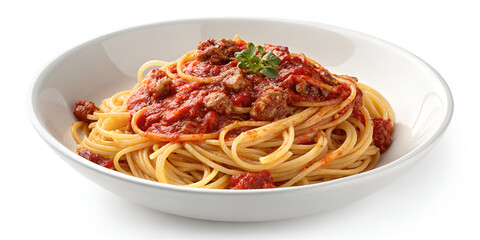 Spaghetti with Meat Sauce and Parmesan in White Bowl &ndash; Italian Pasta Dish Isolated on White Background