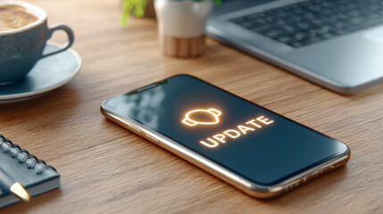Smartphone displaying "Update" notification on screen, positioned on a wooden table beside a laptop and a cup of coffee.
