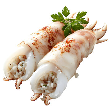 Classic Japanese ika meshi (squid stuffed with rice), isolated on a transparent background