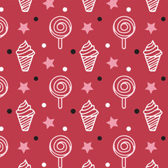 Sweet Food Vector Background. Hand Drawn Doodle Ice cream, Lollipop and stars Seamless pattern