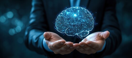 Man holds a glowing brain hologram in his hands in a dark setting.