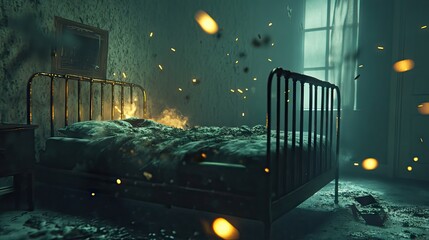 A charred bed in a dark and ominous bedroom.