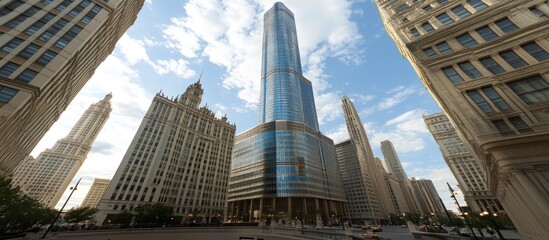 Skyscraper amidst Chicago's historic architecture, sunny day