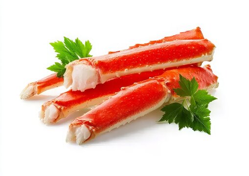 Fresh imitation crab sticks arranged with parsley garnish on clean white background
