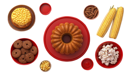 A vibrant spread of festive treats, including a golden corn cake, chocolate cookies, popcorn, and sweet corn, all arranged on red plates against a clean white background.