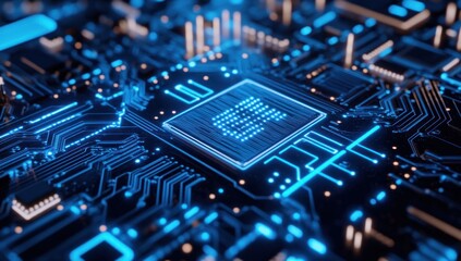 Close-up of a blue computer chip with intricate circuit board patterns.
