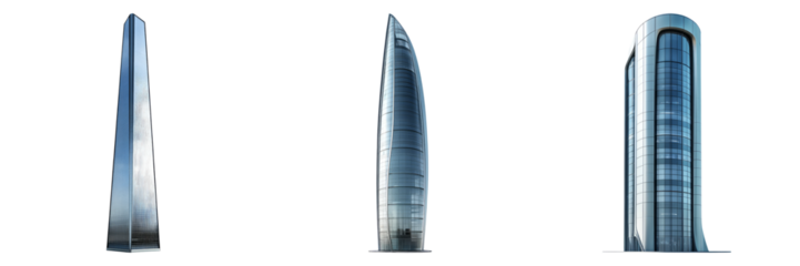Glass tower skyscrapers in sleek designs isolated on transparent PNG image perfect for modern skyline renders or urban planning