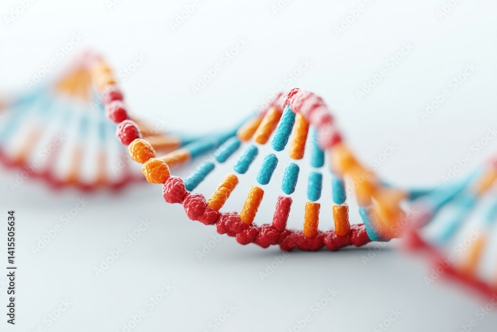 Poster close-up image of dna strand against plain white background with space for text on right featuring m