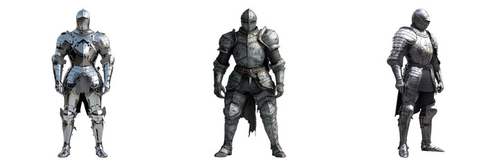 Medieval knight statues in armored poses isolated on transparent PNG image perfect for historical characters or fantasy game assets