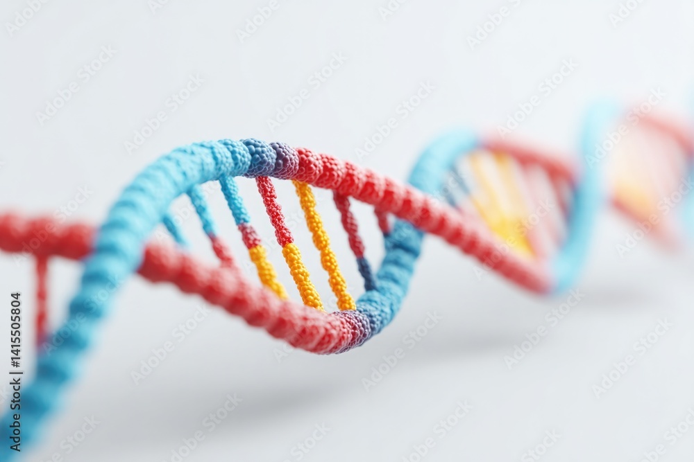 Poster close-up image of dna strand against plain white background with space for text on right featuring m