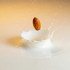 Almond falling into creamy milk creating splashes and ripples, perfect for ramadan or any occasion.