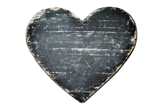 Black heart-shaped chalkboard on a white isolated background, perfect for writing messages and decoration.