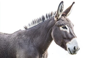 Donkey isolated on a white background standing still with a serene expression and detailed texture on its coat