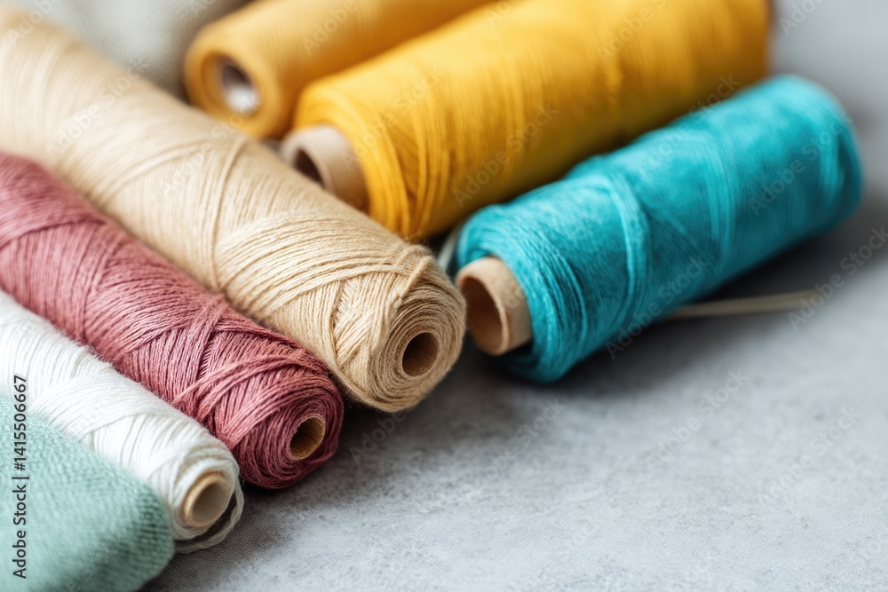Leinwandbilder clean image of colorful threads needles and fabric arranged on simple table surface