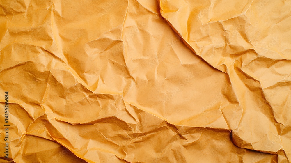 Poster textured crinkled paper surface: abstract tan paper background with deep folds and wrinkles for desi