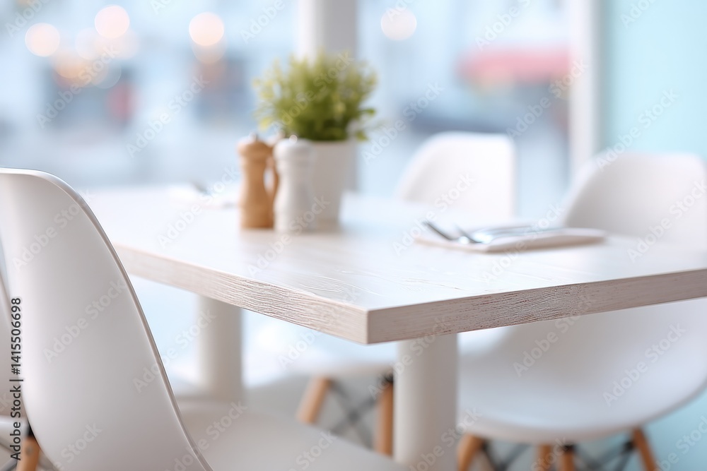Aufkleber close-up of minimalist dining table setting in ambient cafe with empty chairs and cutlery
