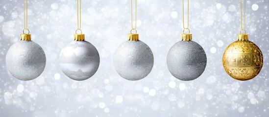 Silver & gold Xmas ornaments hanging, bokeh background, holiday card