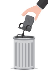 Businessman hand throws an office chair into giant trash can. Dismissal, staff reduction, optimization. Recession leads to unemployment.