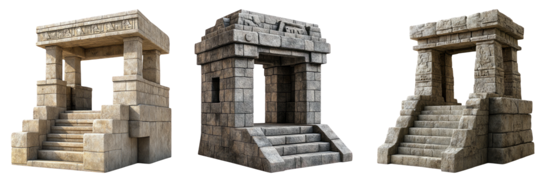 Stone ruins of ancient temples isolated on transparent PNG image perfect for jungle exploration or archaeological visuals - Powered by Adobe