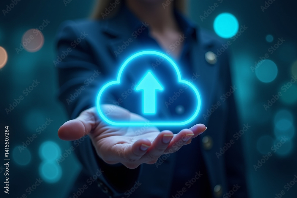Poster businessman holding virtual cloud computing to transfer data information and upload download applica