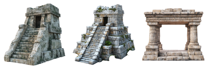 Mayan-style step temples in stone texture isolated on transparent PNG image perfect for ancient history learning or RPG maps