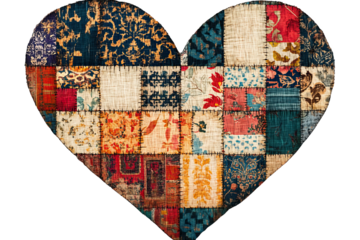Colorful heart shape made from a collection of fabric patches, beautifully stitched together.